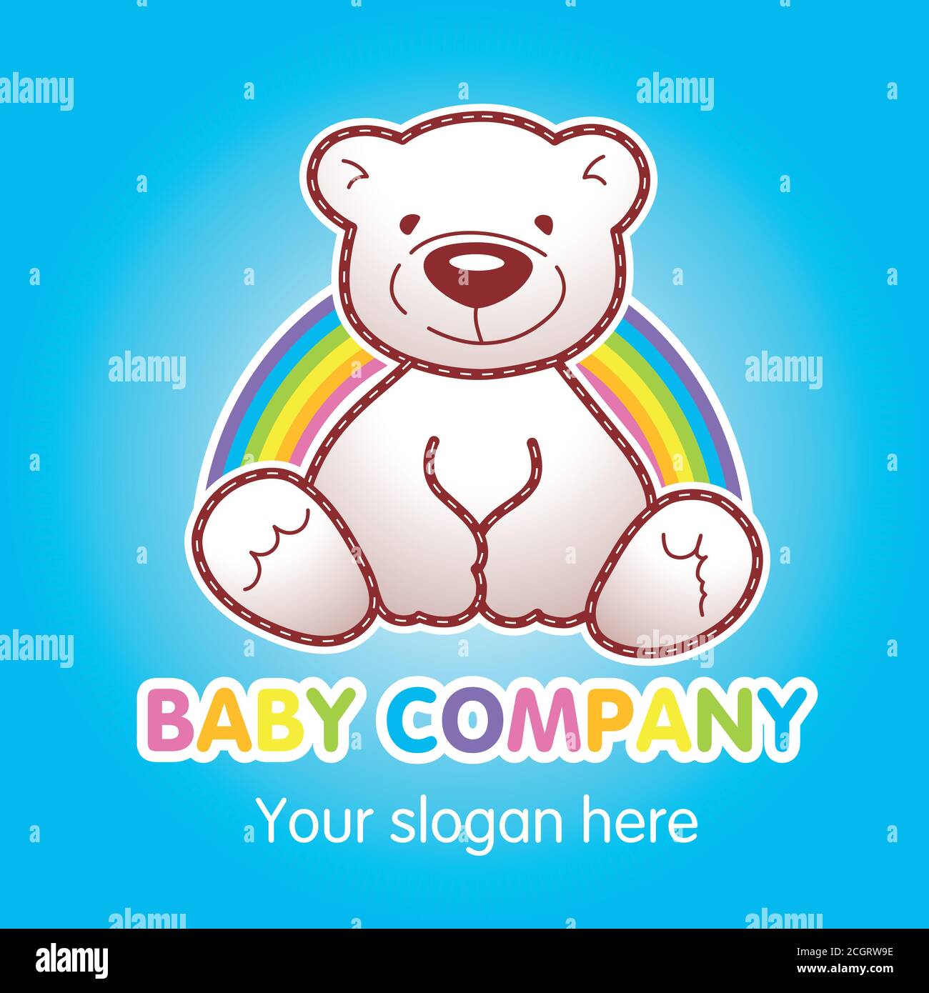 Waren für Kinder Top-Shop Vektor-Logo. Spielzeug animierte Baby Bär sitzt unter Regenbogen. Spielzeugladen Anzeige, Buch der Geschichten Charakter. Grußkarte mit Teddy Stock Vektor