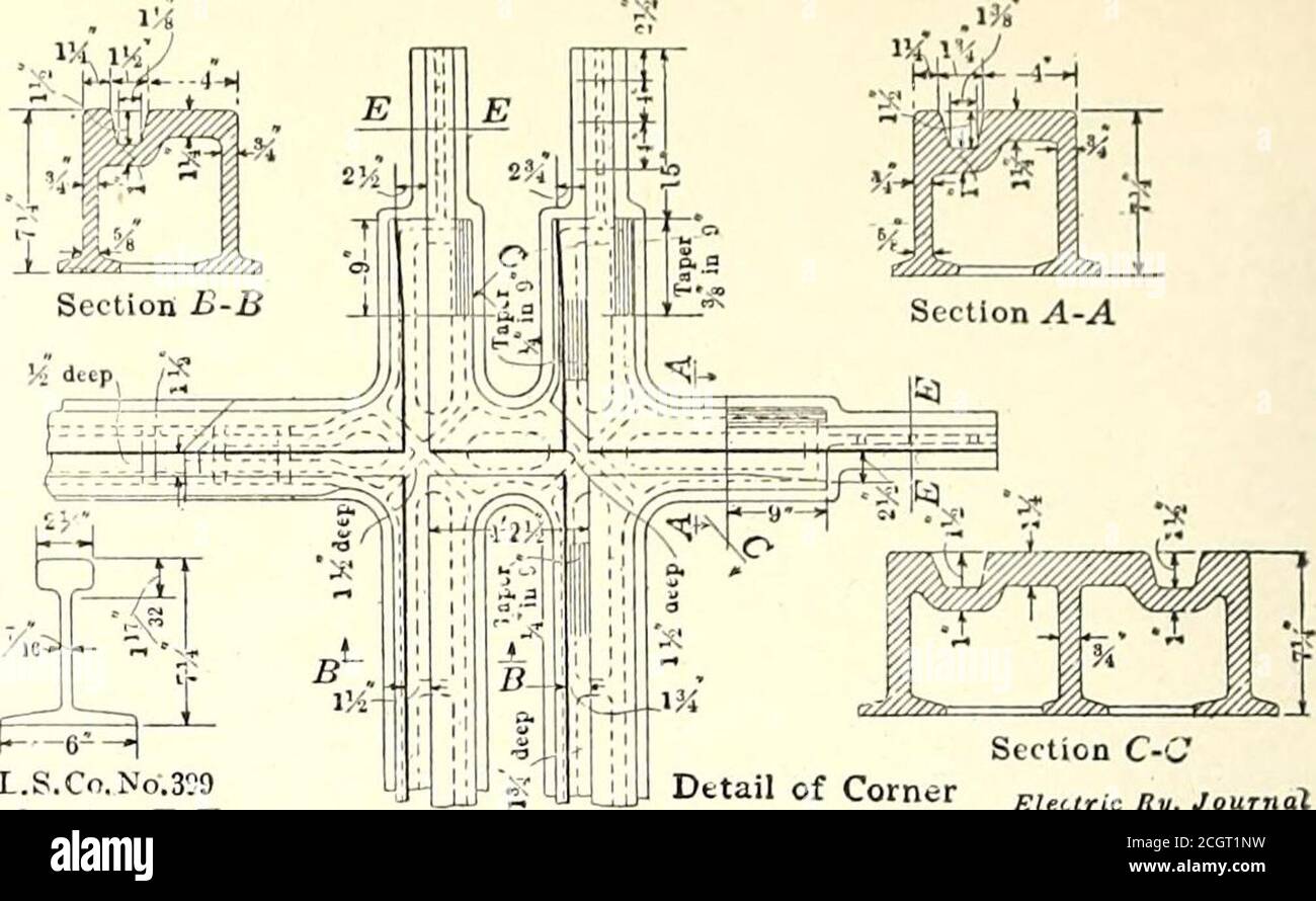 . Elektrische Eisenbahn Zeitschrift . Abschnitt C-C L.S.Co. Mit Einband 399Abschnitt E-E Detail des Eckmectrie Ry. Journal Abschnitt C-DKy.Juurnal Abb. 2 – Solide Basis Mit Doppelter Webauflage Abb. 3 – Channel Web unterstützt Hard-Center Crossing in-Stalled von Pacific Electric Railway in Los Angeles von der Verwendung von Mangan-Stahl für Gleisarbeiten wurde angenommen, dass Vorteil seiner hervorragenden physikalischen Eigenschaften genommen werden könnte und dass die Abschnitte aus Metall könnte weniger als die mit ordinarysteels notwendig sein. Dies war jedoch ein Fehler, da ein solches Verfahren die erfolgreiche Gießerei-Praxis beeinträchtete. Neuentw Stockfoto