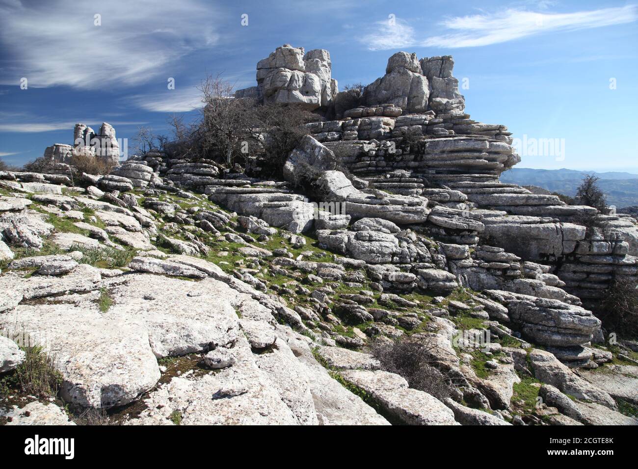 El Torcal de Antequera ist ein Naturschutzgebiet in der Sierra del Torcal Bergkette im Süden der Stadt Antequera. Es ist Karstlandschaft. Stockfoto