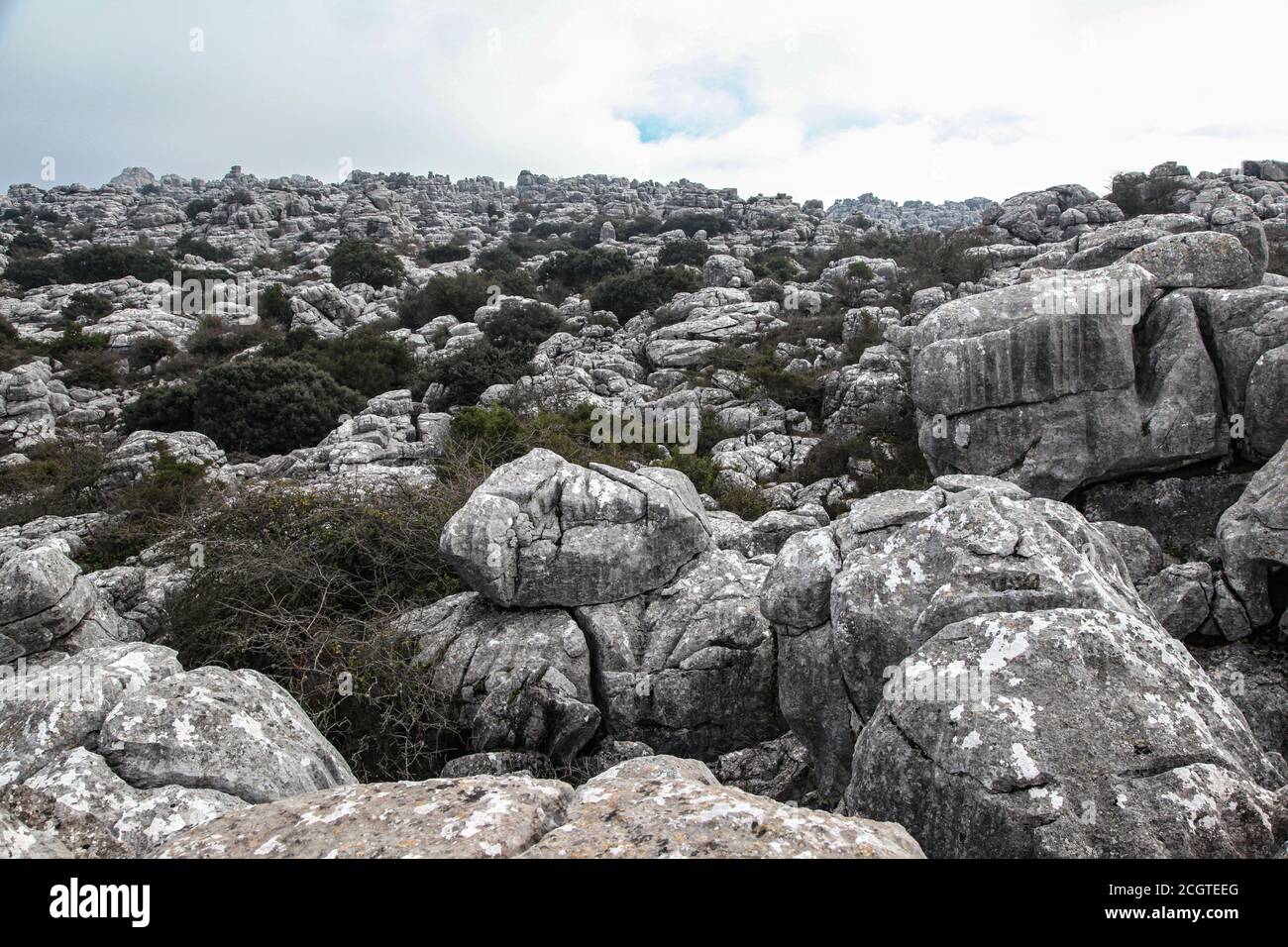 El Torcal de Antequera ist ein Naturschutzgebiet in der Sierra del Torcal Bergkette im Süden der Stadt Antequera. Es ist Karstlandschaft. Stockfoto