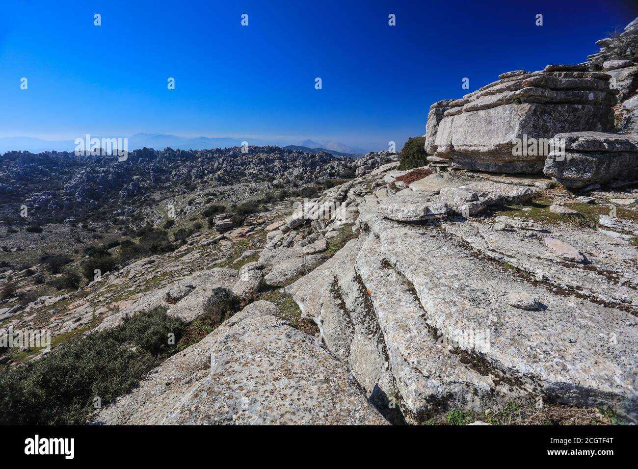 El Torcal de Antequera ist ein Naturschutzgebiet in der Sierra del Torcal Bergkette im Süden der Stadt Antequera. Es ist Karstlandschaft. Stockfoto