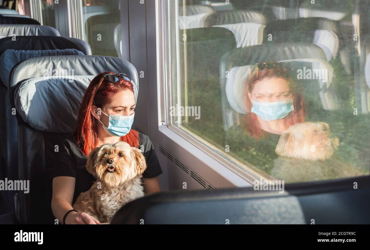 Junge rothaarige Frau mit Gesichtsmaske, die mit dem Zug unterwegs ist, in erster Klasse. Mädchen und Hund reisen mit dem deutschen Intercity-Expresszug. Pandemie-Sicherheit auf Reisen. Stockfoto