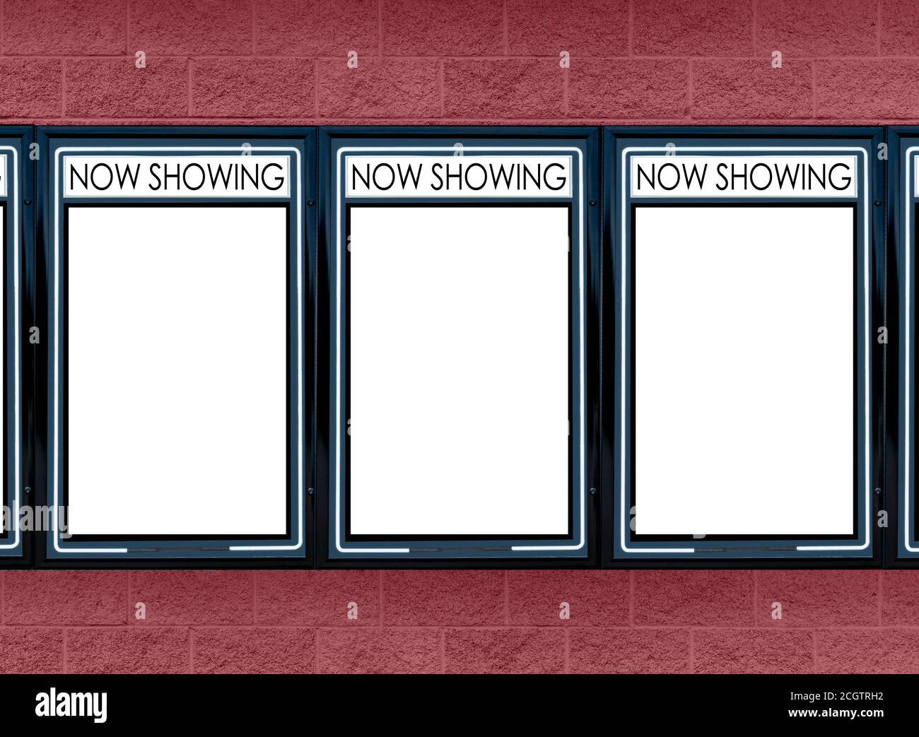 Horizontal von drei leeren Filmzelten auf rotem Hintergrund. Stockfoto