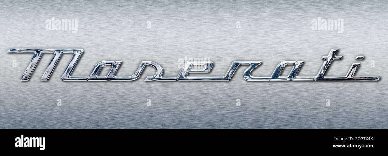 Modena, Italien, Jahr 2020 - Neue Marke kursive Logo Maserati Autos, Illustration, Editorial Stockfoto
