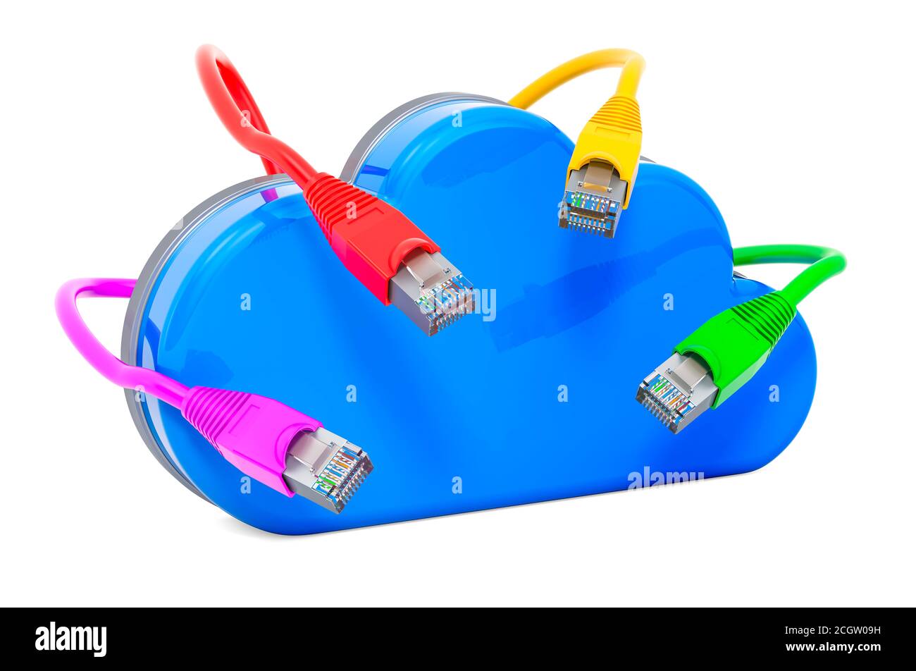 Computer-Cloud mit lan-Internet-Kabel, 3D-Rendering isoliert auf weißem Hintergrund Stockfoto