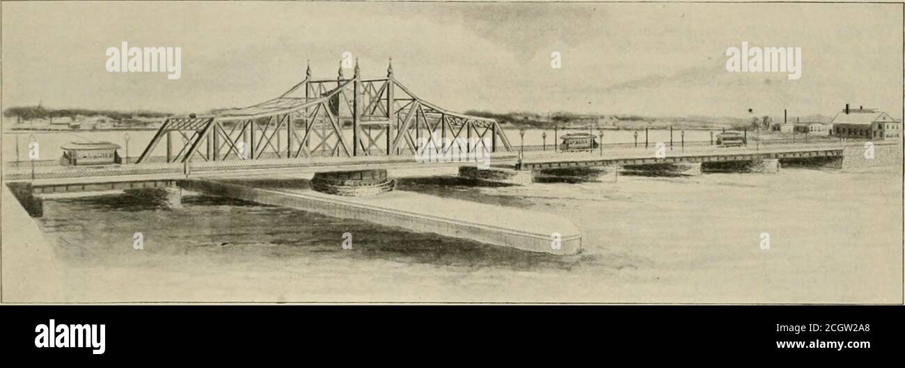 . Die Straßenbahn Überprüfung . Street Railway Draw Bridge at New Bedford, Mass, BY WIHIAM F. WIHIAMS, CITY ENGINEER.^ die erste New Bedford & Fairhaven Bridge wurde 1800 gebaut, vollständig zerstört durch den großen Sturm von 1815, 1819 wieder aufgebaut, 1869 teilweise zerstört und wieder aufgebaut. Die jetzige Struktur, die 1894 durch Gesetz des Gesetzgebers genehmigt wurde, wurde in i8g6 empfohlen. Die Gesamtlänge der Brücke von der Ostlinie der Water St., New Bedford, bis zur Westlinie der Main St., Fairhaven, beträgt 4880 ft., mit einer freien Breite von 70 ft. Es sind drei 7 Zoll hoch und wiegen 97 lb. Bis th Stockfoto