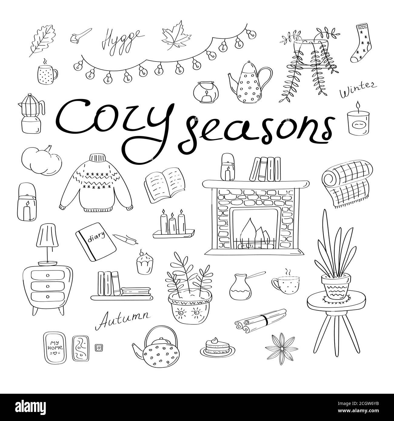 Gemütliche Jahreszeiten. Große Reihe von Hygge-Icons und handgeschriebenen Schriftzügen. Niedliche Elemente für Poster, Karten, Aufkleber und saisonale Designs. Von Hand gezeichnet linear Stock Vektor