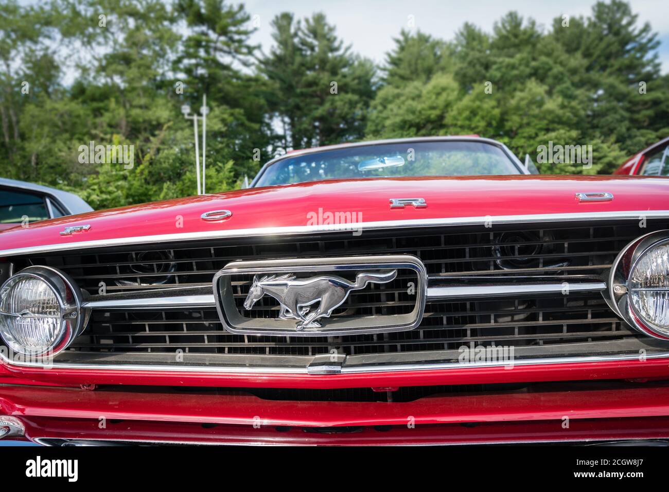 Nahaufnahme des vorderen Endes des leuchtend roten Oldtimers Mustang Zeigt Pferdedesign Stockfoto