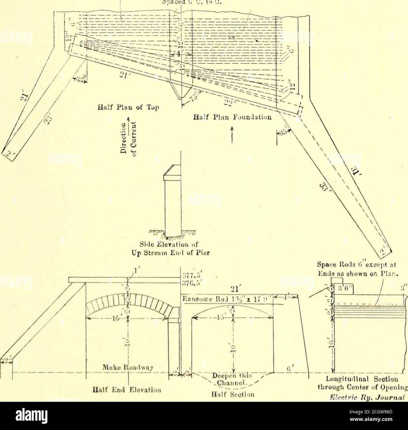 . Elektrische Eisenbahn Zeitschrift . Beebe Syndicate Lines – Typical Flat Top Concrete High-Way Crossing verts sind mit alten 45-lb. Schiene verstärkt, die in 6-in. Zentren verlegt wurde.die Allen Creek Brücke, in einer der Halbtöne und Zeichnungen gezeigt, wurde ursprünglich als flacher Culvert entworfen und wurde als solche verstärkt. Der Bogeneffekt wurde einfach um der Symmetrie willen produziert. GLEISNORMEN das Standardgewicht der Schiene auf den Beebe-Linien ist 70 lb.auf privatem Wegerecht und 90 lb. In Dörfern und Städten.die einzige Ausnahme ist die Syracuse & South Bay Railroad, Ransome Rodsl« i; R.-r,-, US !lnd3 15J J 17 9. Biene Stockfoto