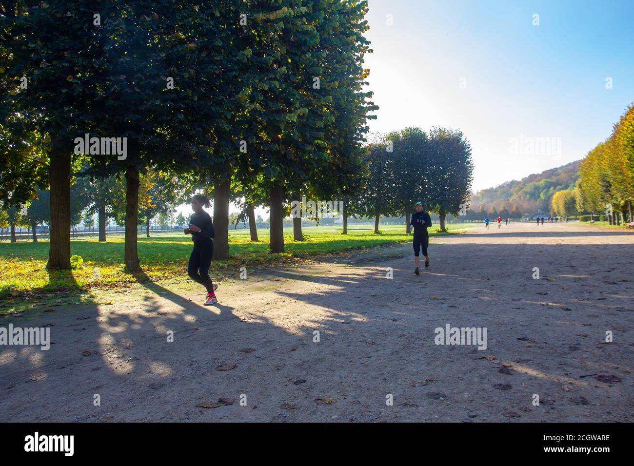 Läufer im Domaine National de Saint-Cloud Park - Ehrfurcht Herbst sonnigen Tag! Goldenes und rotes Paris! Stockfoto