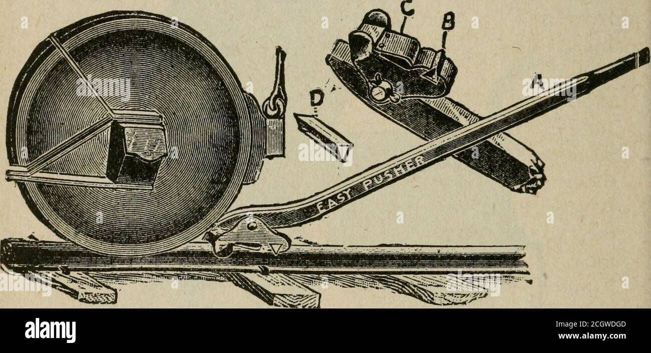 . Wissenschaft der Eisenbahn . Abb. 11. Kleiner Riesiger Pneumatischer Motorkettenzug. Ersetzt Handkettengriff an jedem Platz ohne zusätzliche Armaturen und Arbeit-mit niedrigen Kopf Raum. Es hebt zwei Tonnen acht Fuß pro Minute. Gewicht, SO pountS. LOKOMOTIV- ODER PUSHER. Der in Abb. 1 ist entworfen, um den Platz der gewöhnlichen Eisen-Quetschstange zu nehmen, und ist muchlighter, gibt einen viel leistungsfähigeren Druck-Effekt, und wegen der Stahl-Messer-Kante D hält an einem Abb. 1. Slippery Rail eine solche Bar ist besonders nützlich bei Geschäften und Rundhäusern, wo die Schienen meist mehr oder weniger fettig und rutschig sind Stockfoto