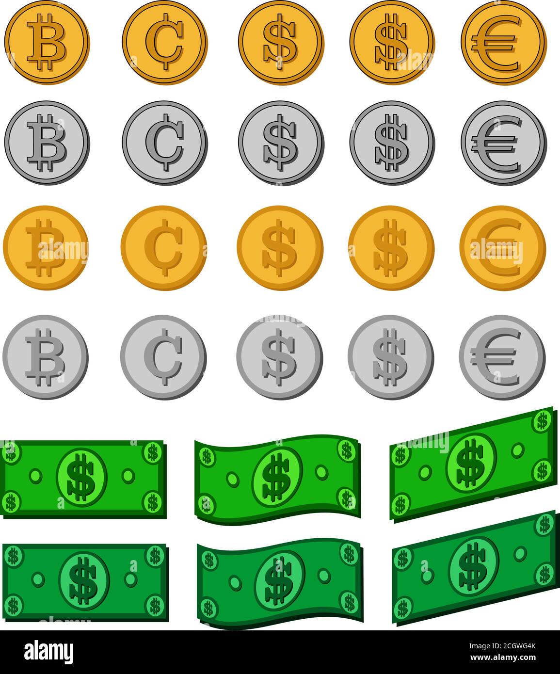 Geldscheine Dollar Geldscheine, Goldmünzen, Silbermünzen und Kryptowährung Vektor-Set. Bargeld, Illustration Stock Vektor