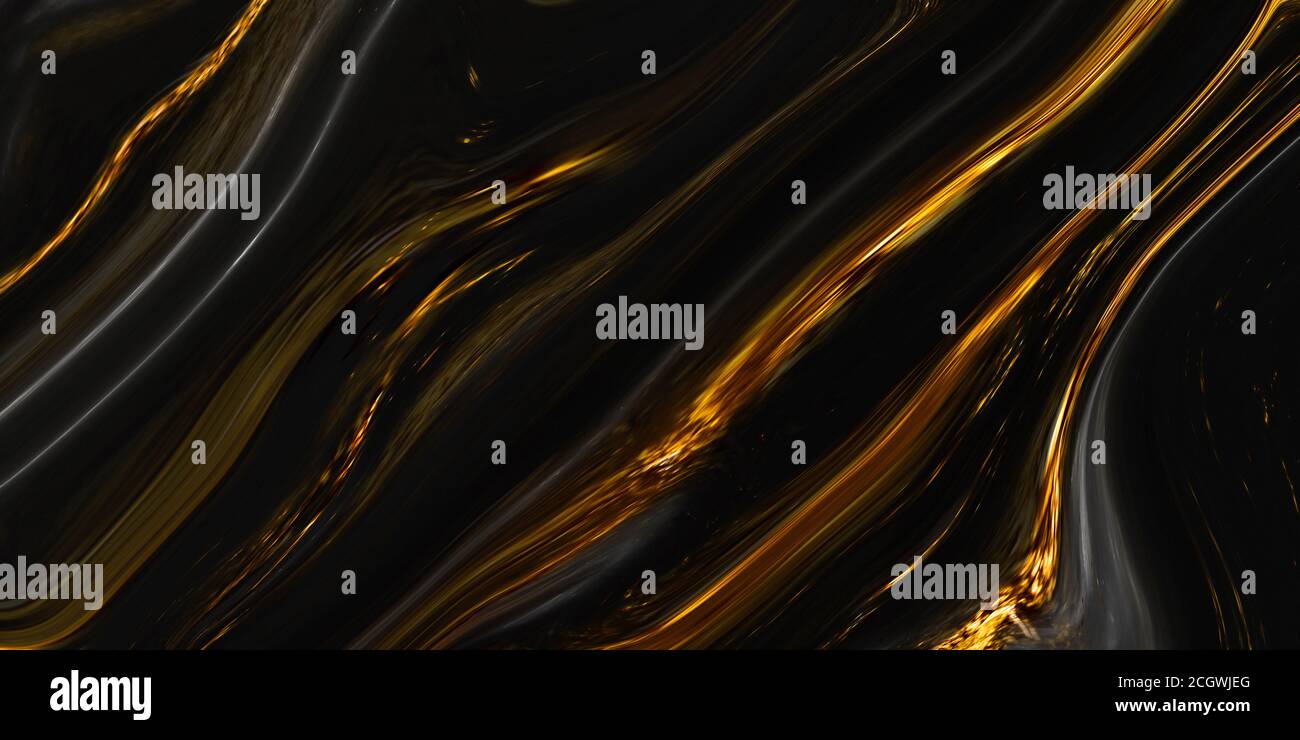 Monocolor Alkohol Tinte marmorieren Raster Hintergrund. Flüssige Wellen und Flecken. Schwarz und Gold abstrakt fließende Kunst. Acryl und Ölfarbe fließen einfarbig Stockfoto