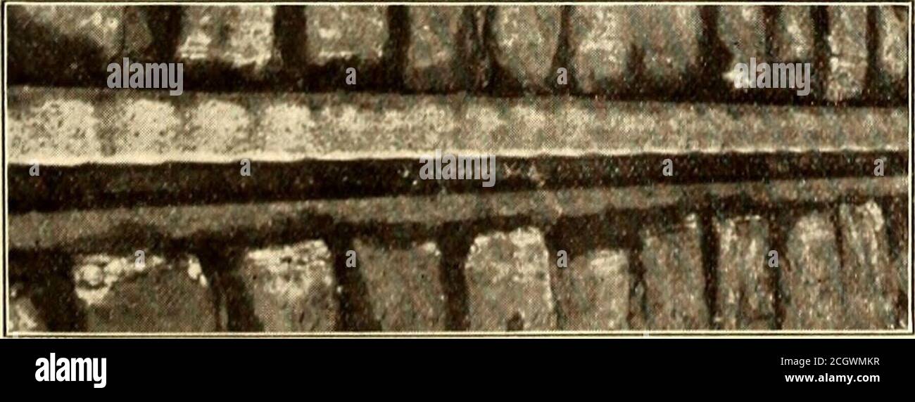 . Elektrische Eisenbahn Zeitschrift . Abb. 1 – Schiene auf Tangent in gepflasterter Straße in Berlin, ShowingSlanting Wellungen Dampfeisenbahnlinien in dieser Stadt. Diese Fotografien begleiteten den Vortrag über die Wellpappenbahn, den Herr Busse im vergangenen Jahr auf dem Münchner Kongress der International Street & Interurban Railway Association präsentierte, der unabstrakt auf Seite 1323 des Electric Railway Journal veröffentlicht wurde. Abb. 2 – Wellpappe auf Betonfundament gelegt 7. November 1908, und mehrere der interessantesten sind repro-duced hiermit. Zu dieser Zeit sprach Herr Busse die Theorie aus, die er immer noch hält, dass ein predispos Stockfoto