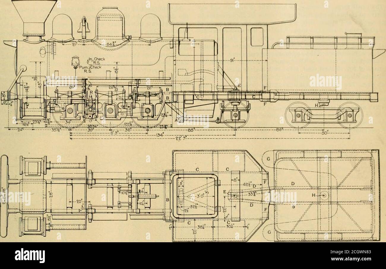 . Amerikanischer Ingenieur und Eisenbahnjournal . der Arbeitslast=6x.l62 (aus Tabelle) = .972. Aus Tabelle 3 (die von Herrn J. R.Onderdonk angefertigt wurde) kann eine Feder mit geeigneter Festigkeit, Stabgröße, Außendurchmesser und Durchbiegung gewählt werden. Die Arbeitslast ist natürlich unabhängig von der Höhe, sie bleibt konstant, ob die Feder eine oder eine beliebige Anzahl von Windungen hoch ist. Die vor kurzem in der Baldwin Lokomotivfabrik für die Cauca Railway, in den Vereinigten Staaten von Kolumbien, Südamerika, und hat einige neue und interessante Features abgeschlossen. Der Plan für den Motor wurde von Herrn vorgeschlagen Stockfoto