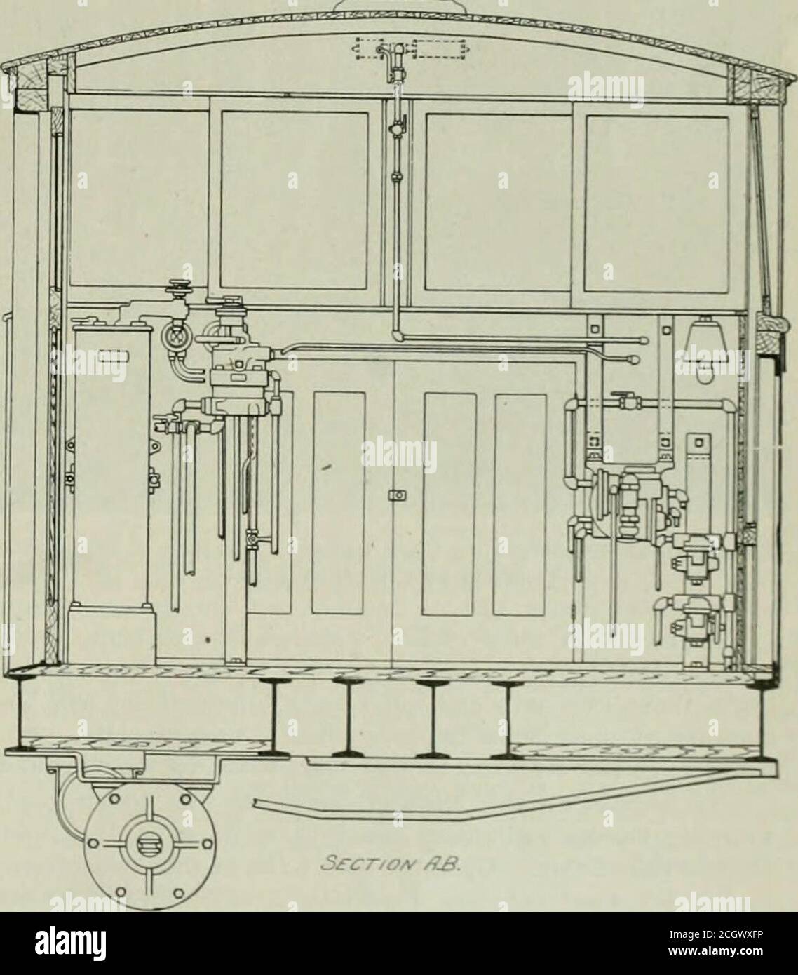 . Elektrische Eisenbahn-Übersicht . lllinois Traktionslokomotiven – Abschnitt am Ende Tür. Auf oder oft. Entweder in der automatischen oder in der unabhängigen Anwendung, so dass es ganz eas,V zu gewährleisten, glatte, genaue. Es gibt hohen Druck in Notfällen, dessen Druck automatisch durch ein Sicherheitsventil gesteuert wird, um das Schieben des Rades vorzuentlüften. In der Kabine befinden sich Manometer, die Bremskraftverstärker, Hauptbehälter und Bremszylinderdrücke registrieren und somit ^^l ergeben. Illinois Traktionslokomotiven - Sektionale Elevation durch Kabine. Der Ingenieur ein komplettes Wissen über den Betrieb der Bremse. Ein A Stockfoto