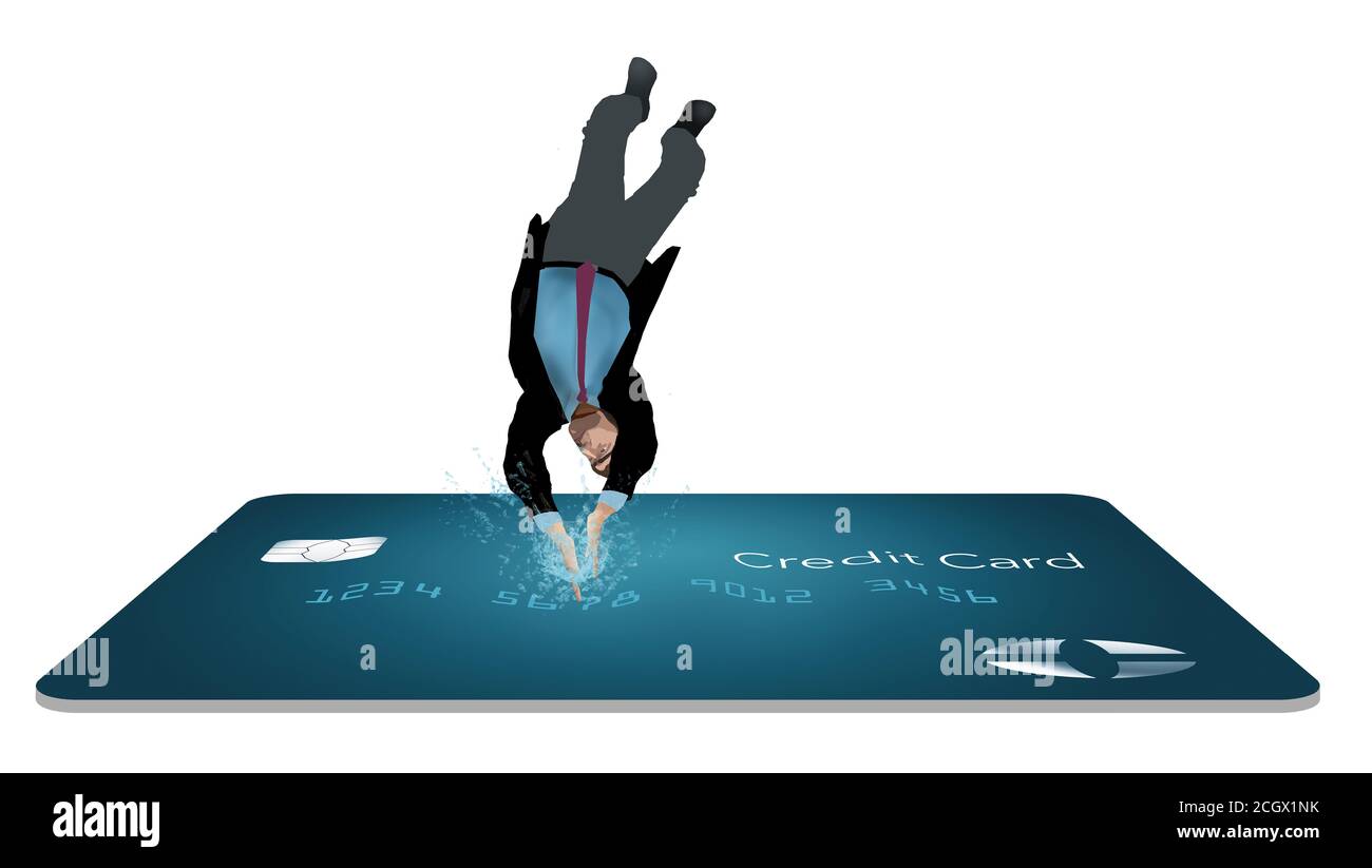 Ein Mann in einem Business-Anzug taucht Kopf zuerst in eine blaue Kreditkarte in einer 3-D-Illustration über das Tauchen in Kreditkarte Schulden. Stockfoto