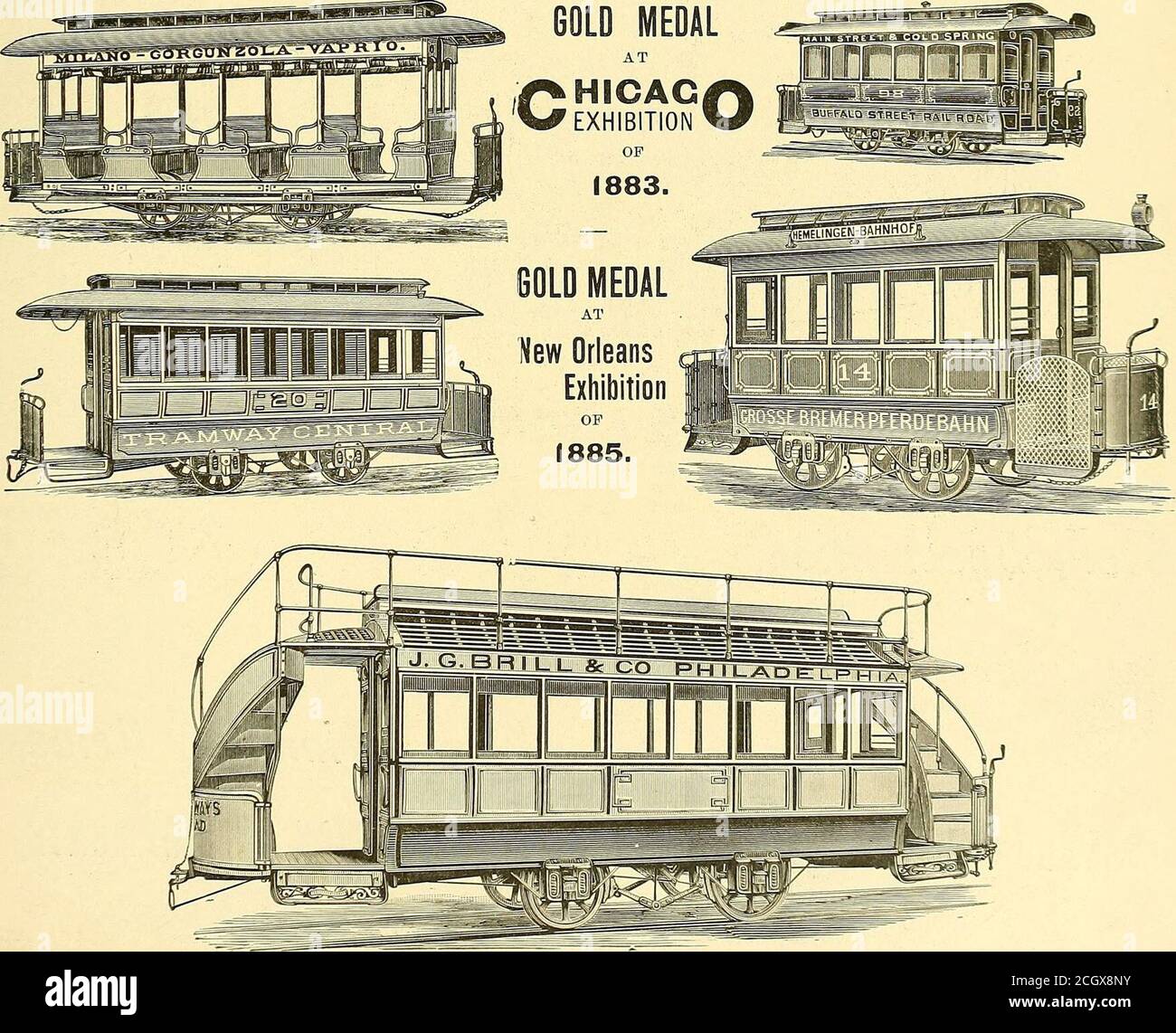 . Die Straßenbahn Zeitschrift . 232 DIE STRASSENBAHN JOURNAL. [APBIL, 1886, JOHN STEPHENSON COMPANY (LRMITED), TRAM^WAT AUTOMOBILMEDAILLE DER ERSTEN KLASSE, WELTAUSSTELLUNG INDUSTRIEBAUMWOLLE, NEW ORLEANS, 1885. Stockfoto