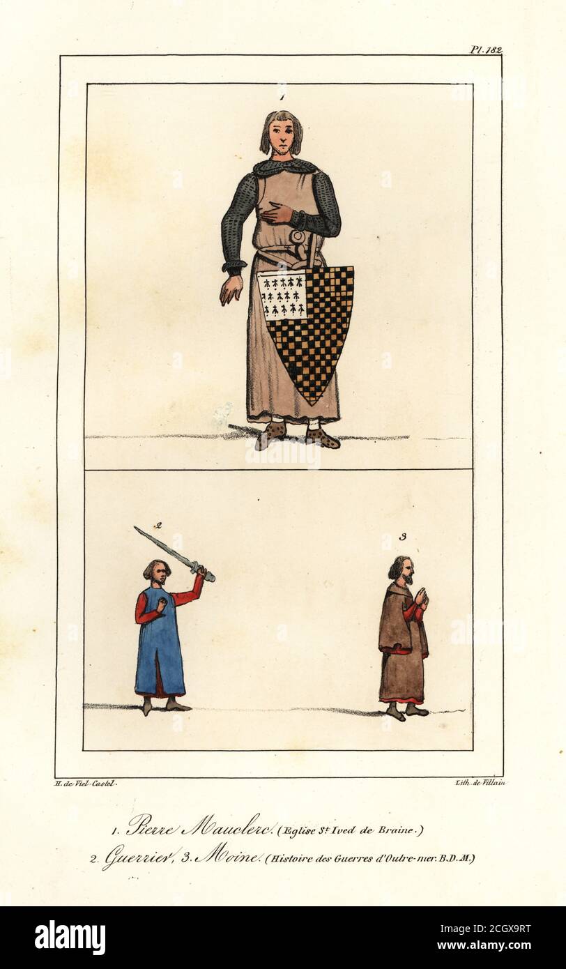 Peter I. oder Peter Mauclerc, Herzog von Bretagne, in hauberk, Tunika mit Schild mit Wappen, 1187-1250, (aus der Kirche Saint-Yved de Braine), und Krieger und Mönch (aus der Geschichte der ausländischen Kriege). Pierre Mauclerc (Eglise St. ived de Braine), Guerrier, moine (Histoire des Guerres d’Outre-mer, BDM). Handkolorierte Lithographie von Villain nach einer Illustration von Horace de viel-Castel aus seiner Collection des Costumes, Armes et meubles pour servir à l'histoire de la France (Sammlung von Kostümen, Waffen und Möbeln zur Verwendung in der Geschichte Frankreichs), Treuttel & Wurtz, Bossange, 1829. Stockfoto