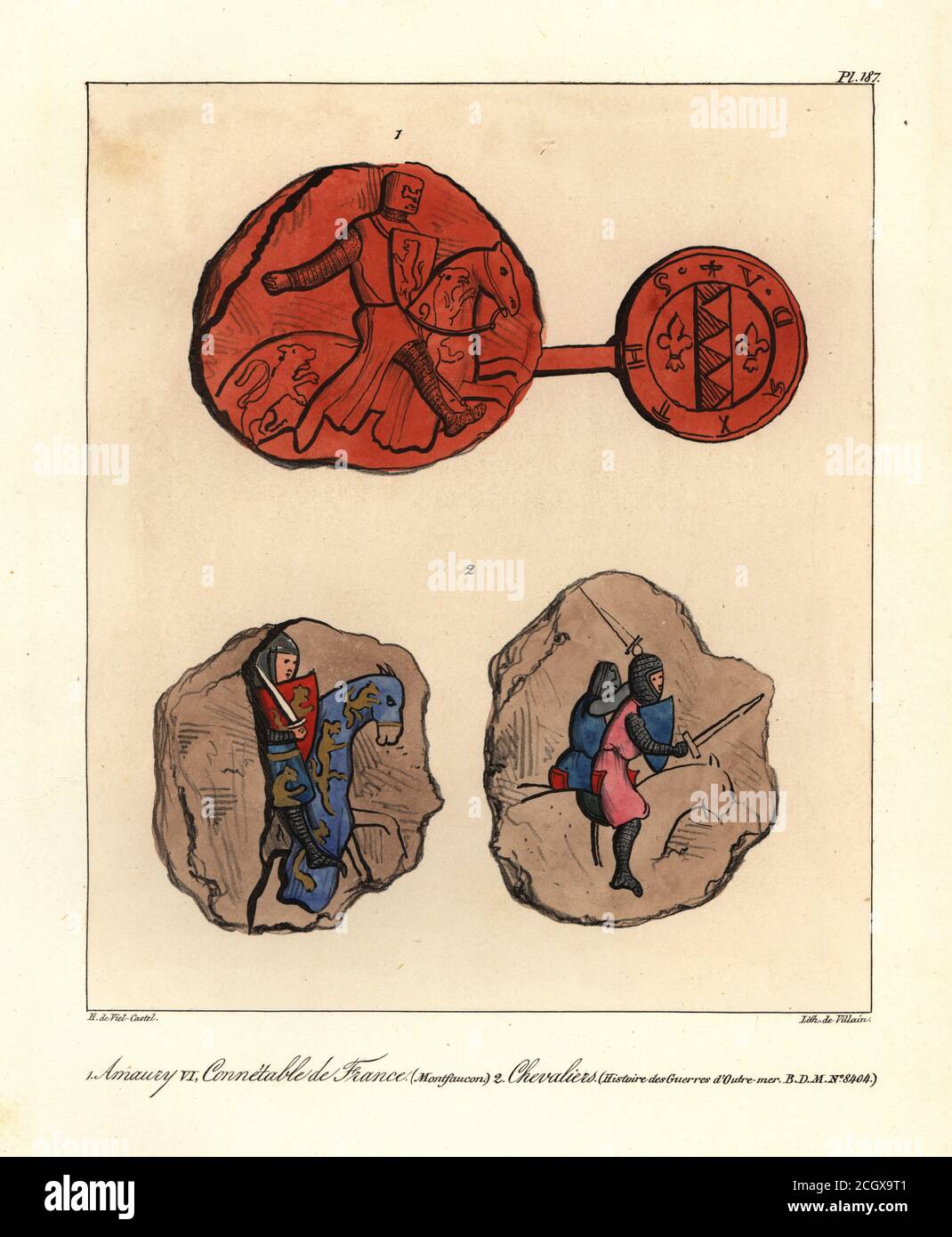Amaury de Montfort, 1192-1241, Grand Constable von Frankreich, und Kreuzritter in hauberk, Rüstungskleider, caparisoned Pferde, 13. Jahrhundert. Aus Guillaume de Tyr’s Geschichte der Fremdkriege, Manuskript 8404. Amaurey VI, Connetable de France (Montfaucon), Chevaliers (Histoire des Guerres d’Outre-mer, BDM Nr. 8404). Handkolorierte Lithographie von Villain nach einer Illustration von Horace de viel-Castel aus seiner Collection des Costumes, Armes et meubles pour servir à l'histoire de la France (Sammlung von Kostümen, Waffen und Möbeln zur Verwendung in der Geschichte Frankreichs), Treuttel & Wurtz, Bossange, 1 Stockfoto