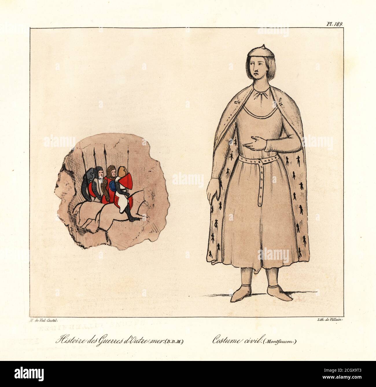 Kreuzritter auf dem Pferderücken mit Lanzen, und männliche Kostüm aus Robe und Mantel mit Bergminenfell gefüttert, 13. Jahrhundert. Kreuzritter aus Guillaume de Tyr’s manuscrupt History of Foreign Wars. Histoire des Guerres d’Outre-mer, BDM, Kostüm Civil (Montfaucon). Handkolorierte Lithographie von Villain nach einer Illustration von Horace de viel-Castel aus seiner Collection des Costumes, Armes et meubles pour servir à l'histoire de la France (Sammlung von Kostümen, Waffen und Möbeln zur Verwendung in der Geschichte Frankreichs), Treuttel & Wurtz, Bossange, 1829. Stockfoto