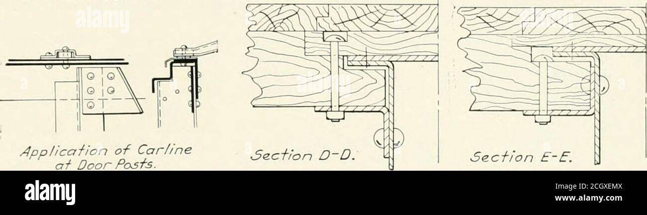. Eisenbahnmechaniker . ProhekfionBlock ■SE-ction FF.. /JPP/icafion o-F Car/ineai Türpfosten. Seitenplattenabschnitt am Fioor und Anordnung der Dach-IVIembers Kupplungen, die von der .merican Car & Foundry Com-Panys direkt verbundenen oben betätigten Entkupplungsvorrichtung betrieben werden. Überbau sowohl die vertikalen als auch die horizontalen Zwischenglieder der Seitenwand sind 3-Zoll, S^^-lb. Z-Stangen, die fest an der Seitenschwelle und an der Seitenplatte vernietet sind. Dies ist ein 5-Zoll x 3-Zoll bv 5/16-Zoll-Winkel mit dem kurzen Flansch nach außen. / I Y 2J4- H SecHon durch VeniilaiorAbschnitt des Endes am Ventilator der Stockfoto