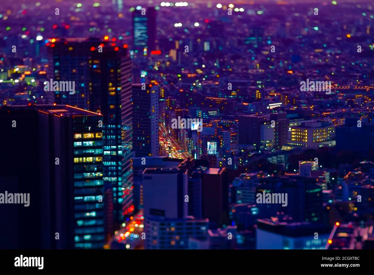 Ein Sonnenuntergang Miniatur städtischen Stadtbild in Tokyo Hochwinkel Tiltshift Stockfoto