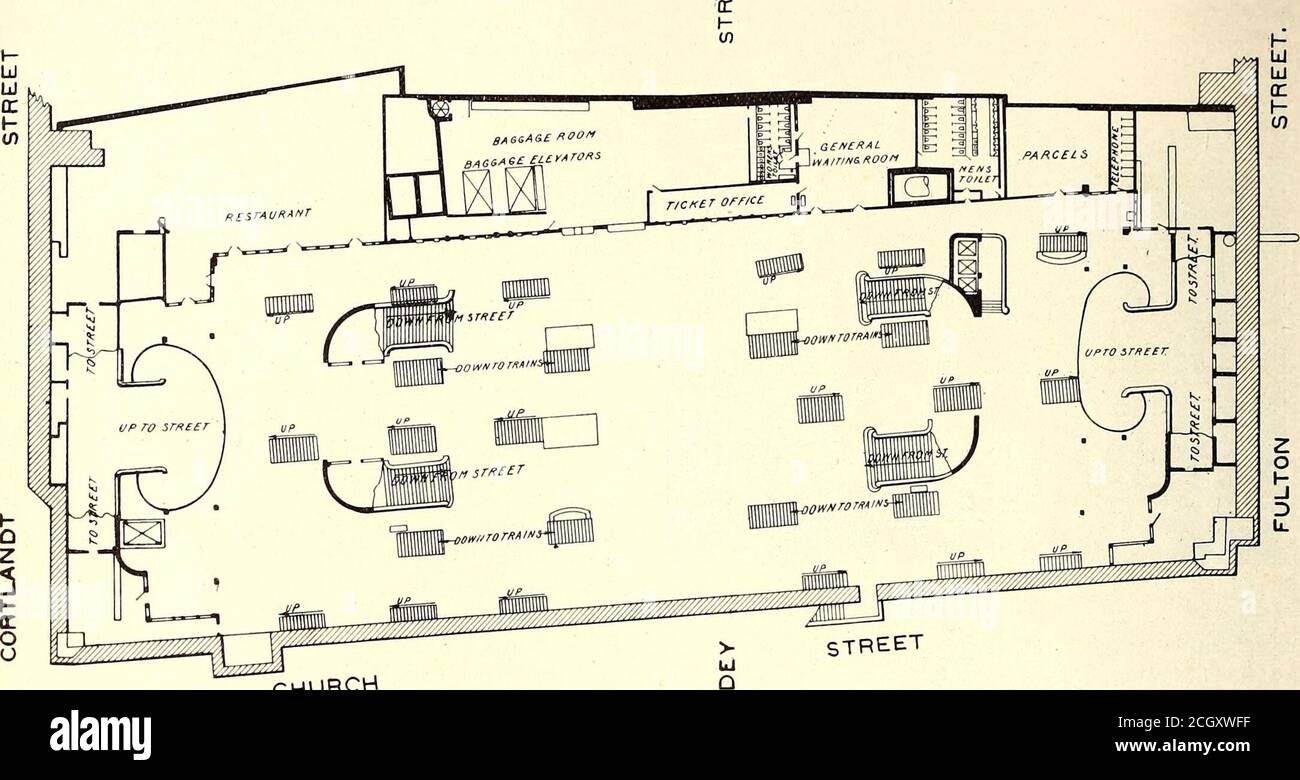 . Electric Railway Journal . E Pennsylvania Railroad-Terminal hat auch Ausgänge und en-Trances auf der Straße und von der Bahnhofshalle. Boden der riesigen Hudson Terminal Gebäude, Front-ing auf Church Street und erstreckt sich von Fulton Street bis Cortlandt Street. Diese Zwillingsgebäude, die durch Dey Street getrennt sind, sind die größten Bürogebäude der Welt.Sie haben eine Fassade auf Church Street von 400 ft., eine Tiefe 104 ELEKTRISCHE EISENBAHN JOURNAL. [Vol. XXXIV. Nr. 3. Von 175 ft., und steigen 22 Stockwerke über dem Boden. Sie enthältfast 25 Morgen Grundfläche. Es gibt vier Haupteintrittster Stockfoto