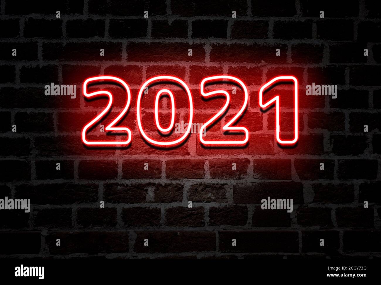 2021 rote Neon-Schilder Text auf Ziegelwand, Dekoration Stockfoto 2021 rote Neon-Schilder Text auf Ziegelwand, Dekoration Stockfoto