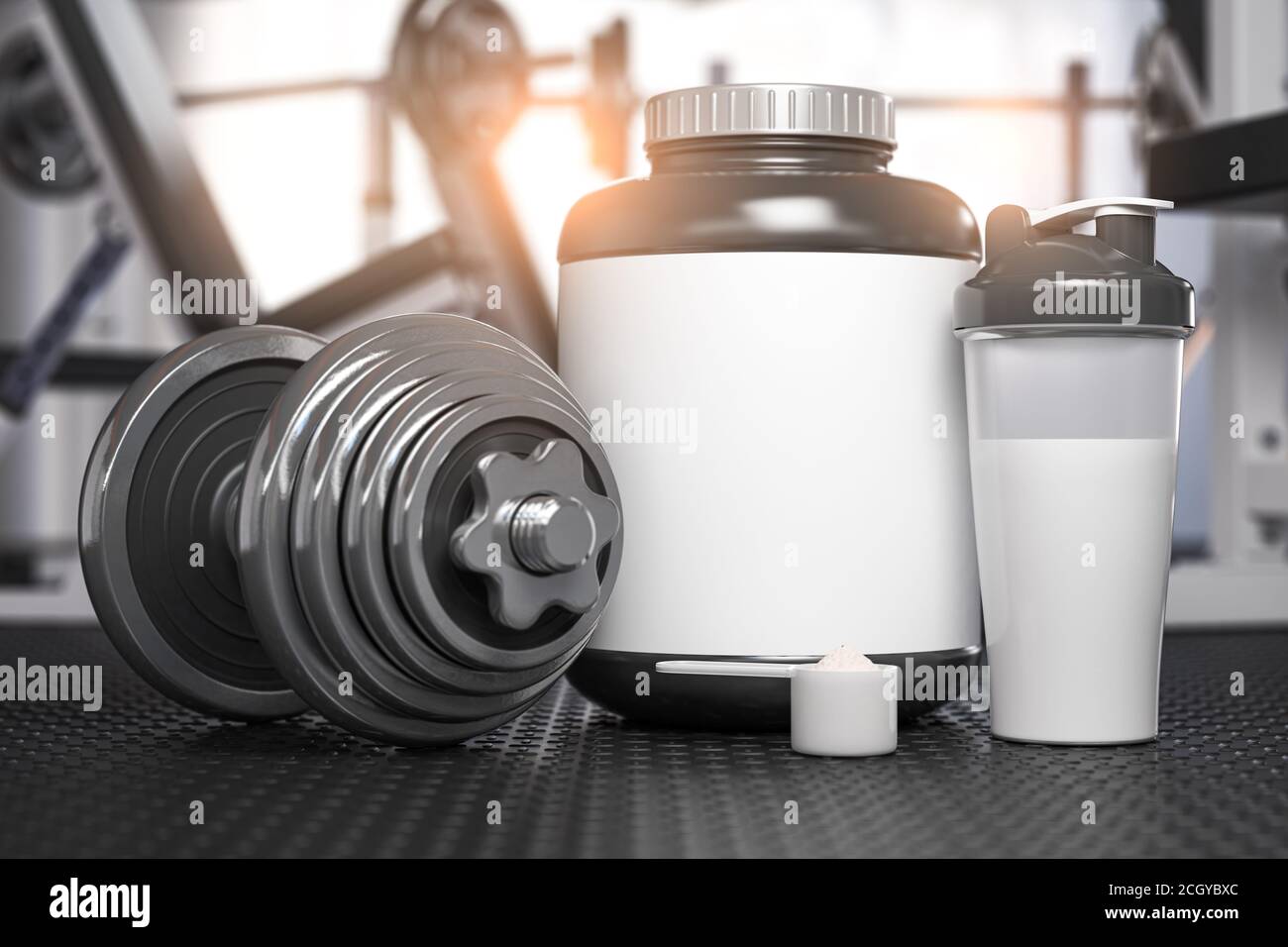 Molkenprotein kann mit Hantel und Shaker auf dem Boden der Turnhalle. Modell. Sport Bodybuilding Ergänzungen und Ernährung. 3d-Illustration Stockfoto