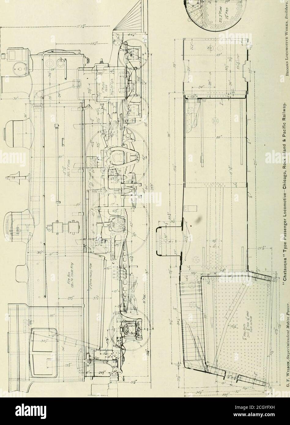 . American Engineer and Railroad Journal . in.; Tender Wheels 36 in. Gewichte: Insgesamt Motor 167,000 lbs.; auf Fahrer 93,500 lbs.; insgesamt Motor und Tender 275,000 IBA. Rost-Bereich und Rohre: Rost-Bereich...55.7 sq. Ft. Röhrchen 15 Fuß % Zoll lang. Firebox : Länge 108 in.; Breite 74 in.; Tiefe vorne 74 in.; Rückseite 6Hn. Boiler: Typo, Waggon oben radial bleiben. Durchmesser 66 Zoll Heizfläche : Rohre 2,617 sq.ft.; Firebox 189eq.ft.; insgesamt 2.80Ssq.tt. Wheol Basis: Fahren 7 ft.0 in.; insgesamt Motor 28 ft.8 in.: Motor und Tender 53 ft. 7 Zoll Tender: Achtrad; Wasserleistung 5,5O0gals.: Koalkapazität 8 Tonnen. Stockfoto