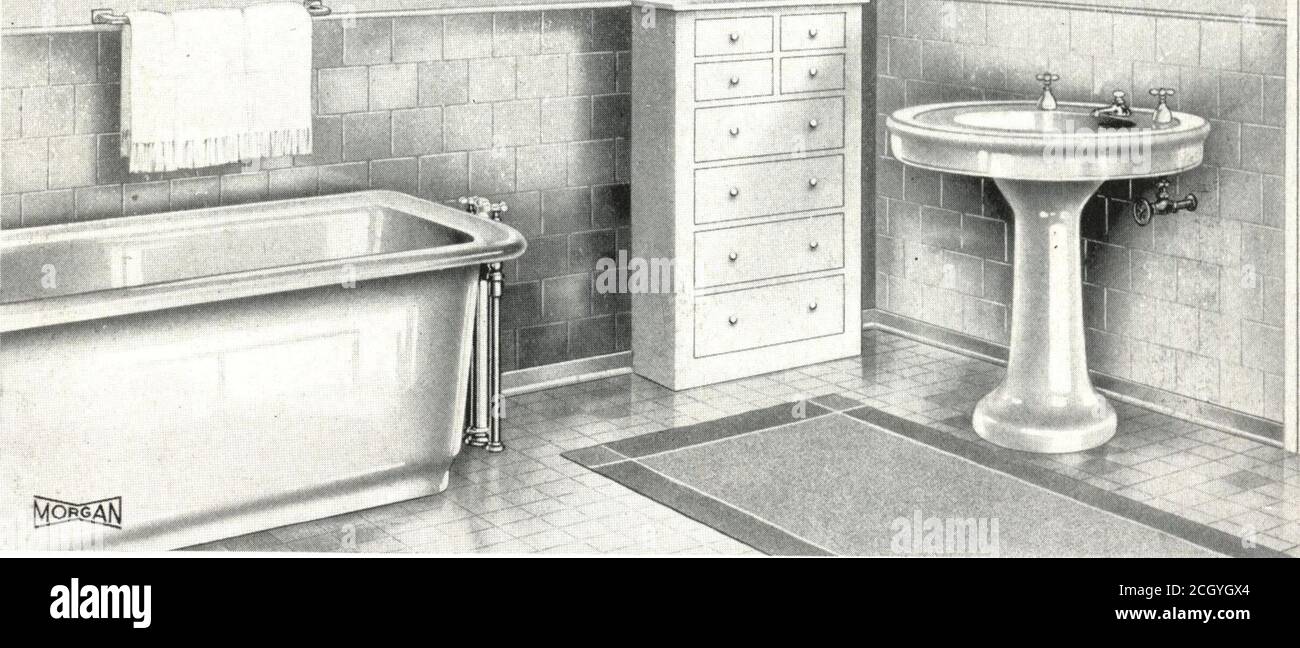 . Gebäude mit Sicherheit . i Bad M-477 n^SEINE zeigt eine andere Morgan standardisiert^ das Bad. Beachten Sie auch die Spiegeltür, das Zimmer sollte eine haben. Schrank für jedes Bad-Gehäuse in zwei Abschnitten. Die Größe des Leinengehäuses ist 1 10^ breit, 3 6 hoch, 10 tief. Größe des Medikamentengehäuses oben ist V 10 breit, 3 2hoch, Innentiefe 3}4- grobe Öffnung für Medikamentenbehälter 8 breit X 2 IV hoch x 4?^ deeo. Größe des Spiegel14x28. 176 ^=^ ^ ^ % Stockfoto