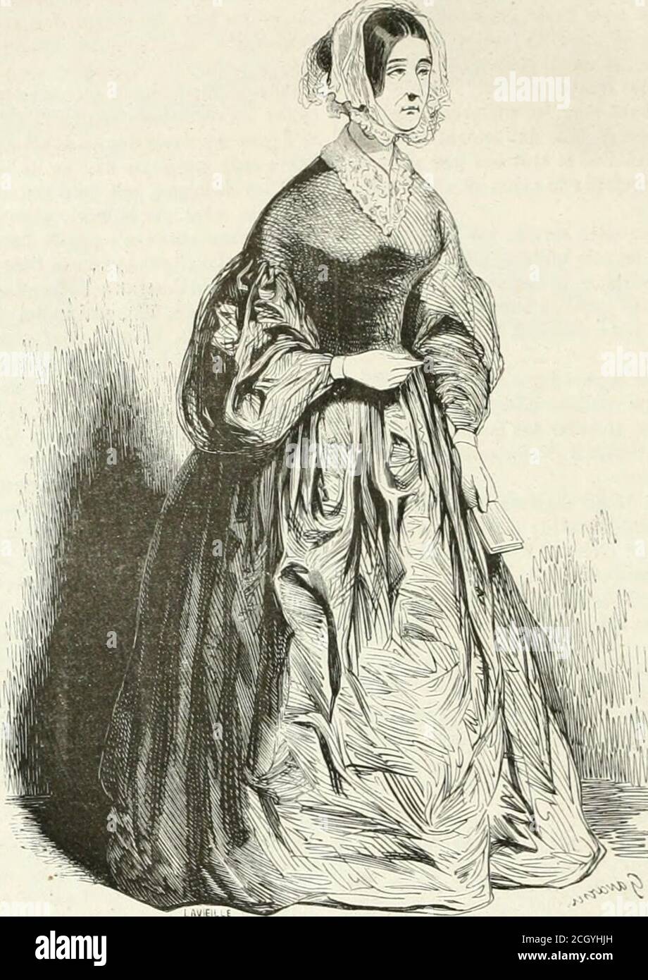 . Les Français peints par eux-mêmes . frée avec en-thousiasme du bonnet à la paysanne : aujourdhui, ellene porte pas encore de volants, el déjà elle a épuisé lebonnet à barbes. Au Reste, comme, à part ce quelle ap-pelle les chiffons, elle affecte une grande sévérité demise, elle a adopté, comme type de celte sévérité, larobe de Satin noir : cest in seule chose qui nait passé sa fidélité Même depuis que la Robe de Satin estdescendue dans la rue, la chanoinesse ne la prs aban-donnée. Le Reste de sa personne la garantit contre lesméprises. I.ntrez maintenant dans le boudoir de la chanoinesse : Stockfoto