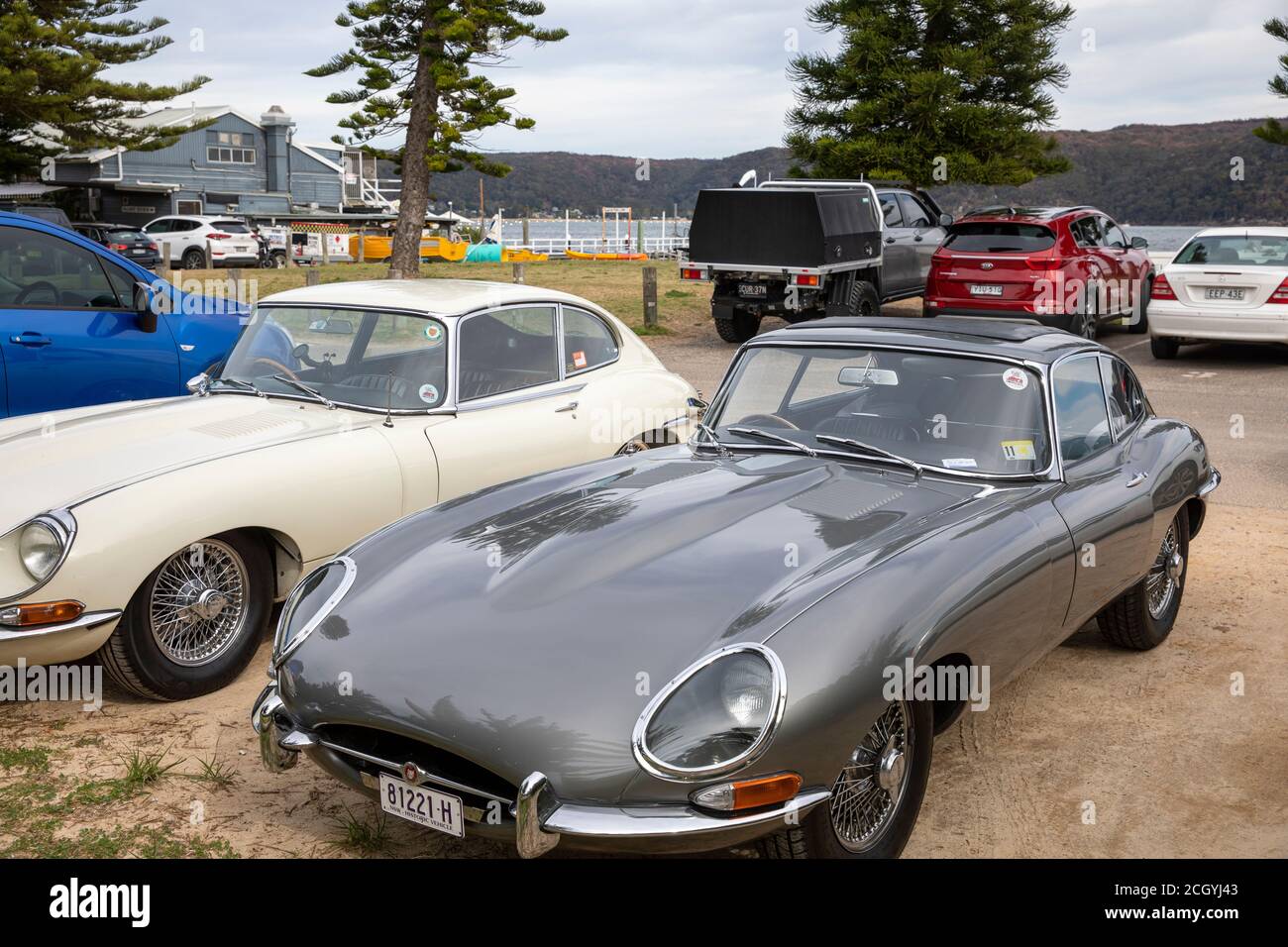 Britische Sportwagen zwei Jaguar e-Typ Autos geparkt am Palm Beach, Sydney, Australien, creme 1967 Modell, grau 1965 Modell Stockfoto