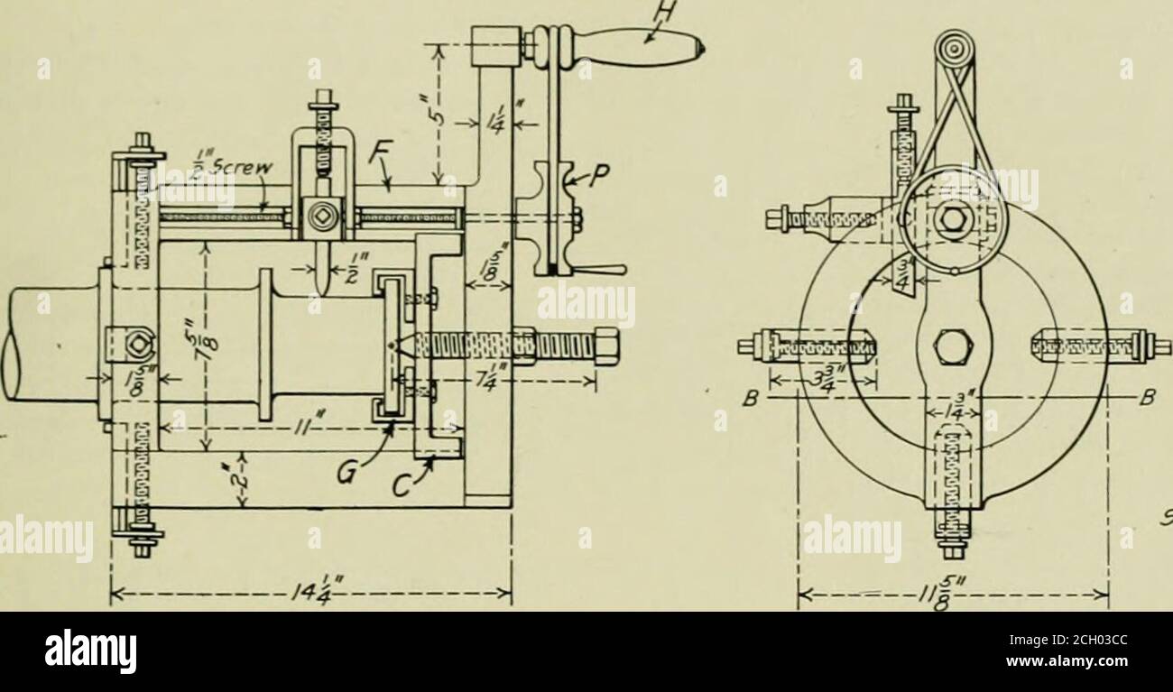 . Amerikanischer Ingenieur. Ansichten rechts in Abb. 2. Die Details der Gagesind in Abb. 1. Alle Gleitgeräte sind Heldin Position durch flache Federn 1/64 Zoll dick. Alle Skalen sind in 1/16-Zoll-Räume unterteilt, mit Ausnahme der, die den Verschleiß der Lauffläche misst, die in 1/32-Zoll-Räume unterteilt ist. CR.NK PIN TRII.NG .M.^CHINE. Lok Kurbelzapfen oft Verschleiß aus rund und es ist eine teure und trouMesonie Vorschlag, um sie aus Position durch eine gehärtete Stahl Mitte zu entfernen, passend in die Mitte der Kurbelzapfen. Kleine Führungen G sind auf der Gabel C angeordnet, um über die c zu passen Stockfoto