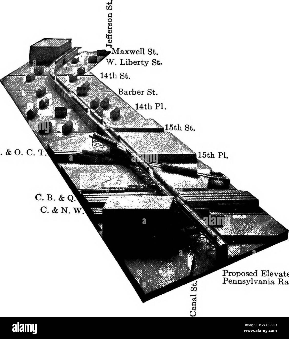 . Das Eisenbahnterminal Problem von Chicago; eine Reihe von Adressen vor dem City Club, 3. Juni bis 10. Juni 1913, die sich mit der vorgeschlagenen Neuorganisation der Bahnterminals von Chicago, einschließlich aller Terminal-Vorschläge jetzt vor dem stadtratsausschuss auf Bahnterminals .. . Splaines, Van Buren und Harrison Street. Auf dem Block nach Süden zwischen Harrison und Polk Straßen werden Steigung Team Tracks, auf einer festen Füllung, läuft von Straßenebene bei Harrison Street bis zu einer Höhe von 22 Fuß über Polk Street. Die erhöhte Struktur für die Güterbahnen wird südlich von D durchlaufend sein Stockfoto