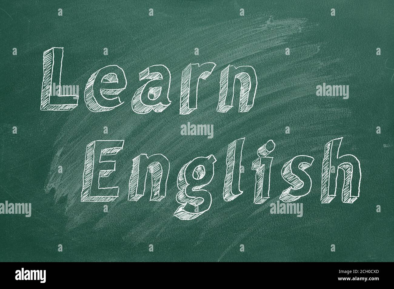Handzeichnung 'Learn English' auf grüner Tafel Stockfoto