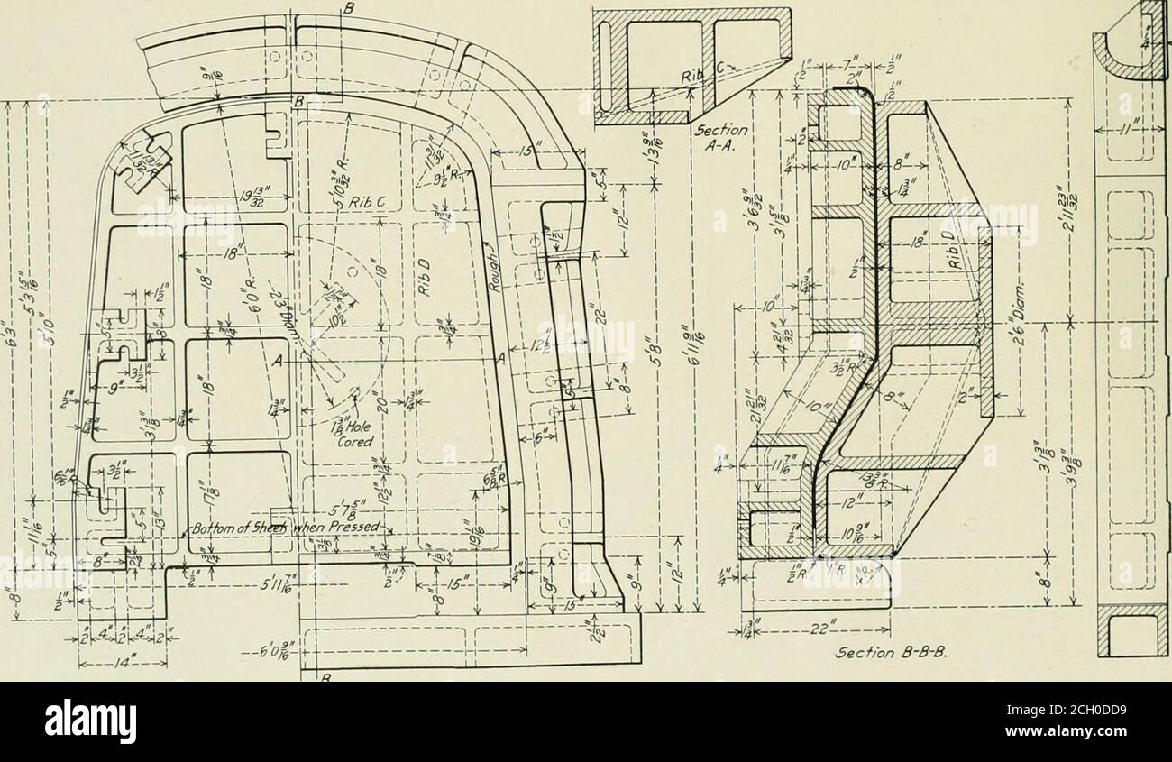 . Amerikanischer Ingenieur. Männlicher Formerfür die Räumung zwischen dem Blech und dem ehemaligen an allen Punkten. Dies regelt die genaue Außengröße des Schachtblattes. Offsetschachtel. – ein weiteres Beispiel für Lokomotive for-Mers ist in Abb. 5; dieser Stil der ehemaligen ist notwendig, um turna 6 in. Flansch rund um das Blatt. Die Stollen werden auf die Stechklammer gegossen, um das Blech so zu lokalisieren, dass die Eigenmasse des Materials unter der Biegung belassen werden kann; nach dieser Oper wird die weibliche Stechklammer in Aktion gebracht, die den flansch um das Blech hochdreht. Bis vor kurzem haben die Praktikabilität die Stockfoto