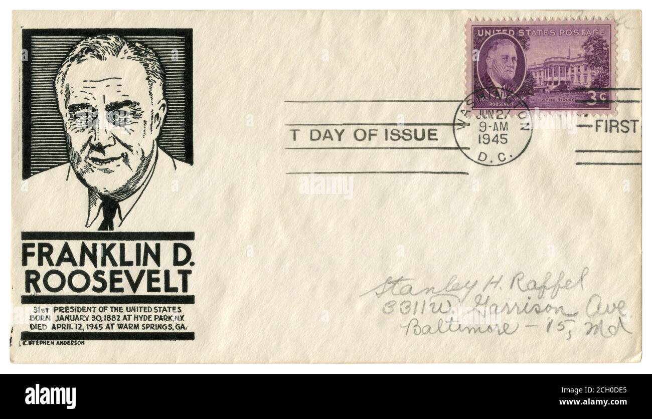 Washington D.C., USA - 27. Juni 1945: US-historischer Umschlag: Umschlag mit Cachetportrait des 32. Präsidenten Franklin Delano Roosevelt, Briefmarke Stockfoto