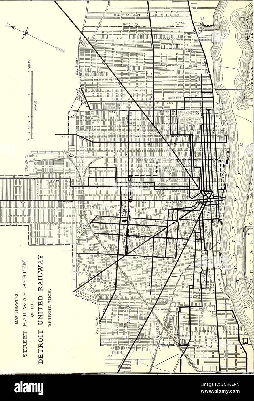 . Die Straßenbahn Zeitschrift . Es werden zwei Kabel des Rollwagens mit Abbildung 8 verwendet. Alle Pole sind mit Meilen und Zehntel Meilen von Detroit nummeriert, was sich in vielen Wellen als angenehm erweist. Die exakte Lokalisierung von Gleis- oder Streckendefekten kann von Motormännern reportiert werden und erspart die Entfernungsmessung bei der Planung von Neuarbeiten oder bei Tests verschiedenster Art. ZWISCHENSTÄDTISCHE STROMVERTEILUNG während das System der Detroit UnitedRailway, als Ganzes betrachtet, bietet splen-did Möglichkeiten für ein umfassendes System von Wechselstrom-Hochspannungs-Diszuteilung mit Unterstationen für supplyingund i Stockfoto
