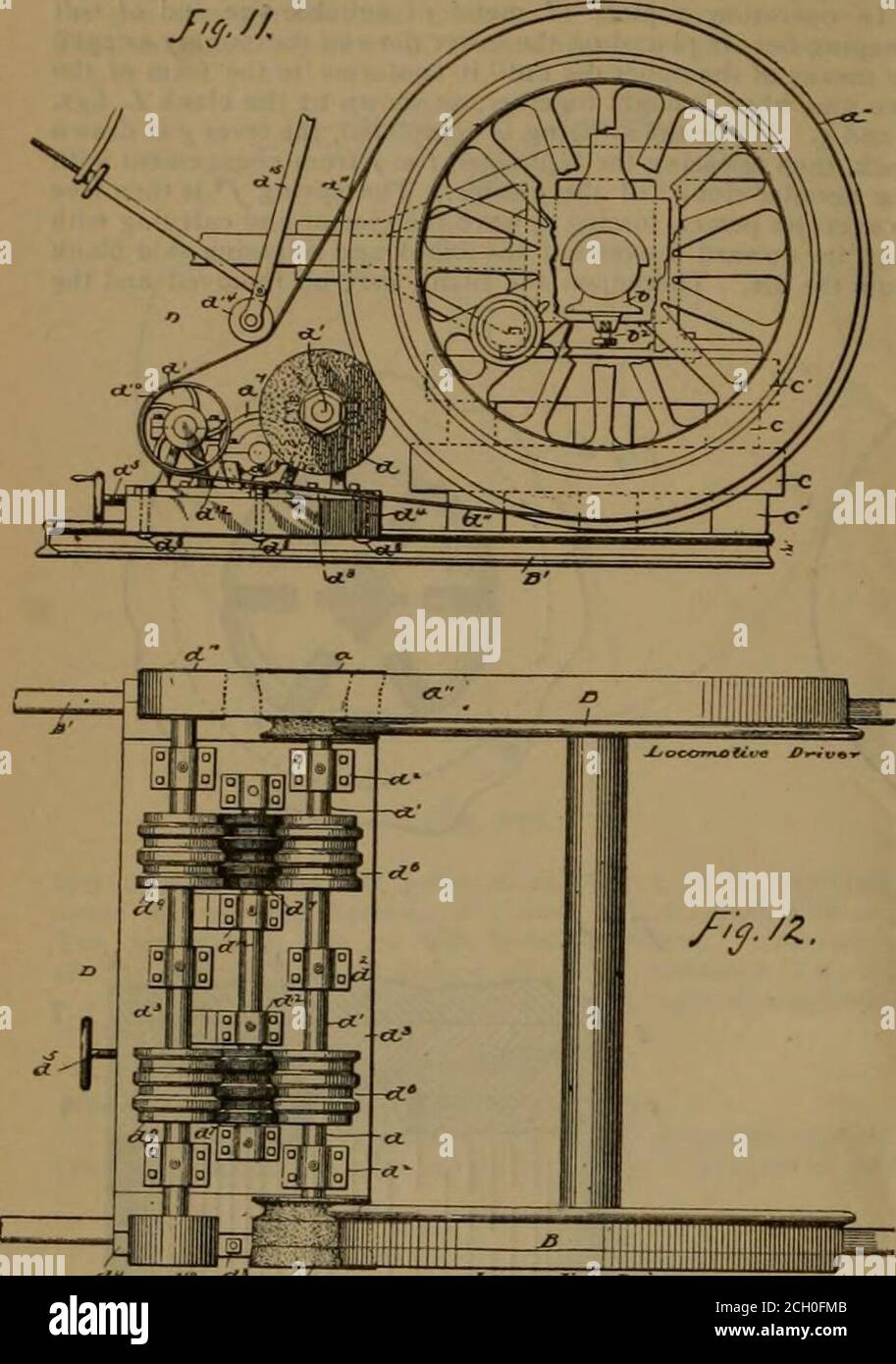 . Die Eisenbahn- und Ingenieurzeitschrift . ist auf einem Rahmen oder einer Bettplatte montiert, die auf den Schienen aufliegt und an ihnen mit Klemmschrauben befestigt wird. Das Getriebe ist auf einer Gleitstütze montiert, die durch eine Einstellschraube A bewegt wird, mit der der Schleifer in Kontakt mit der Lauffläche des Rades gebracht werden kann. Die Schleifwelle J ist mit einer gerillten Reibscheibe rf ausgestattet, durch die sie durch einen Umlenker &lt;/ von einer Antriebsscheibe &lt;/ bewegt wird. Die Umlenkrolle und die Antriebsscheibe sind auf Wellen in Lagern auf der überzogenen montiert, und die Welle der Antriebsscheibe ist mit einer Bandscheibe d versehen, die von einem b angetrieben wird Stockfoto