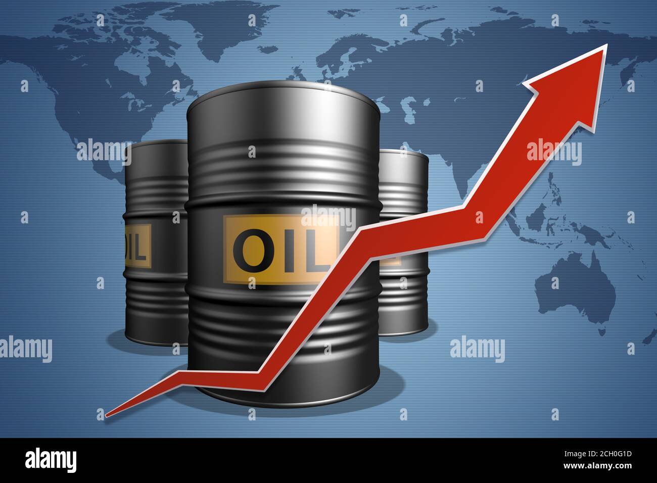 Drei Ölfässer mit einem roten Pfeil auf der Weltkarte Hintergrund