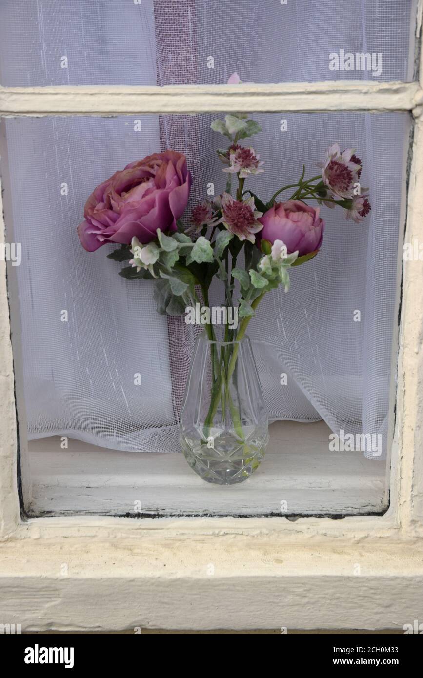 Vase mit Blumen im Fenster Stockfoto