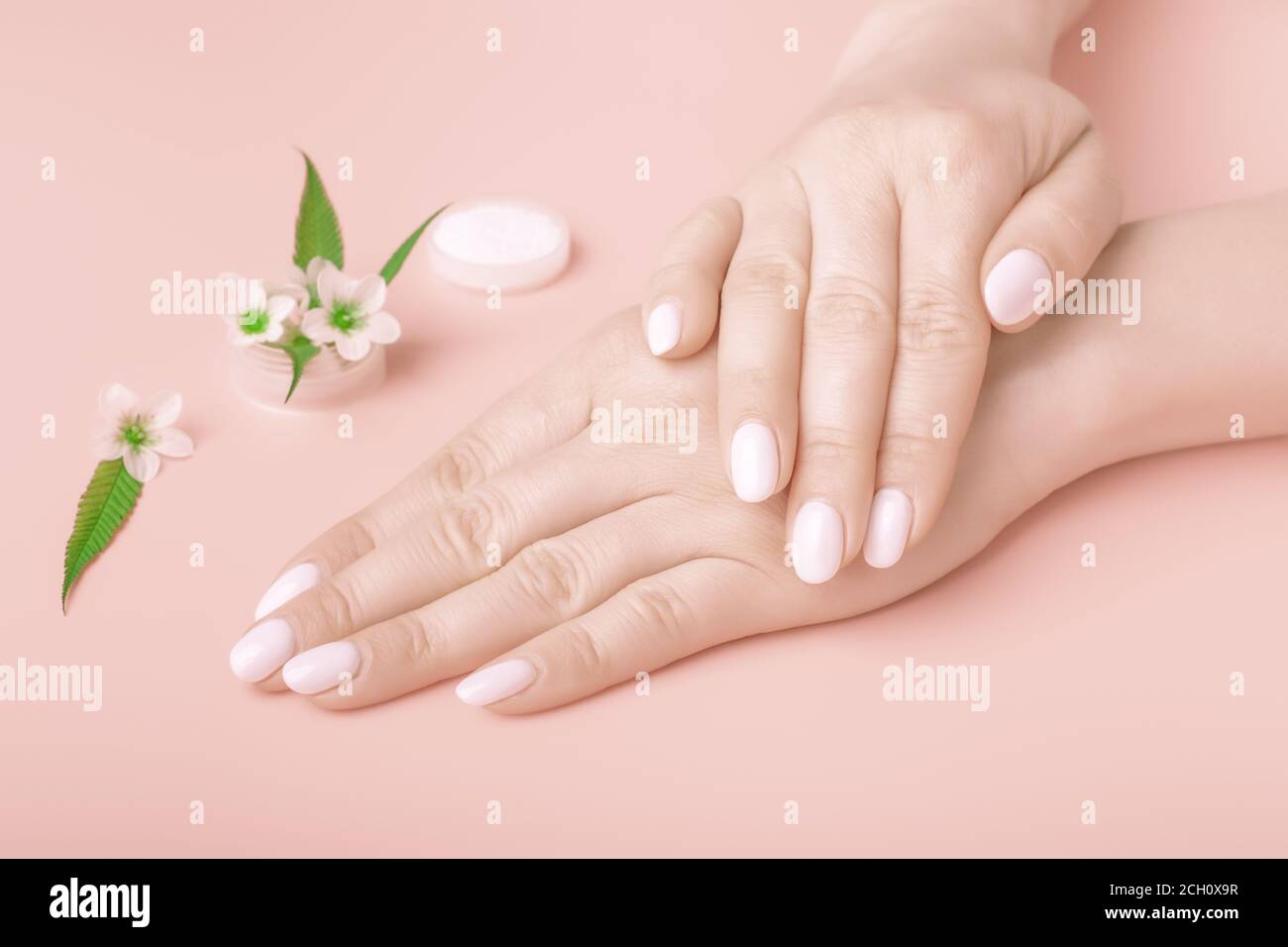 Hände einer schönen Frau auf einem pfirsichrosa Hintergrund. Zarte Hand s mit natürlicher Maniküre, saubere Haut. Hellrosa Nägel. Naturkosmetik-Konzept Stockfoto