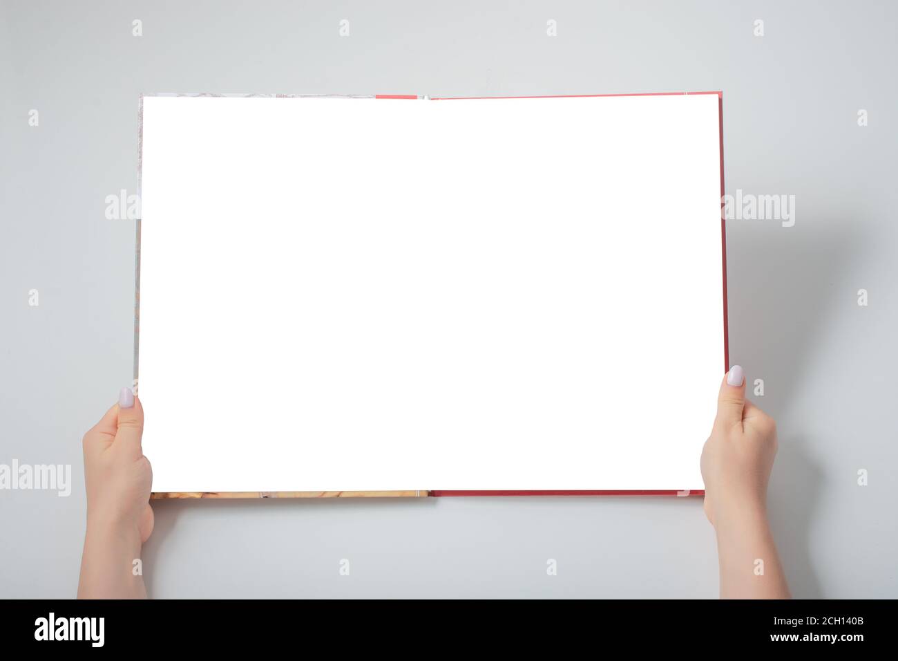 Damenhände mit perfekter Maniküre halten Buch oder Notizblock als Mockup für Ihr Design. Weißes Buch Mockup in den Händen der Frau. Stockfoto