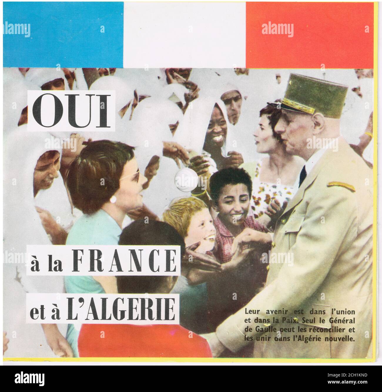 Cover einer Floppy 45 rpm Platte, die die Rede von General De Gaulle vor dem Referendum über die Unabhängigkeit in Algerien, Frankreich, 1960 wiedergibt Stockfoto