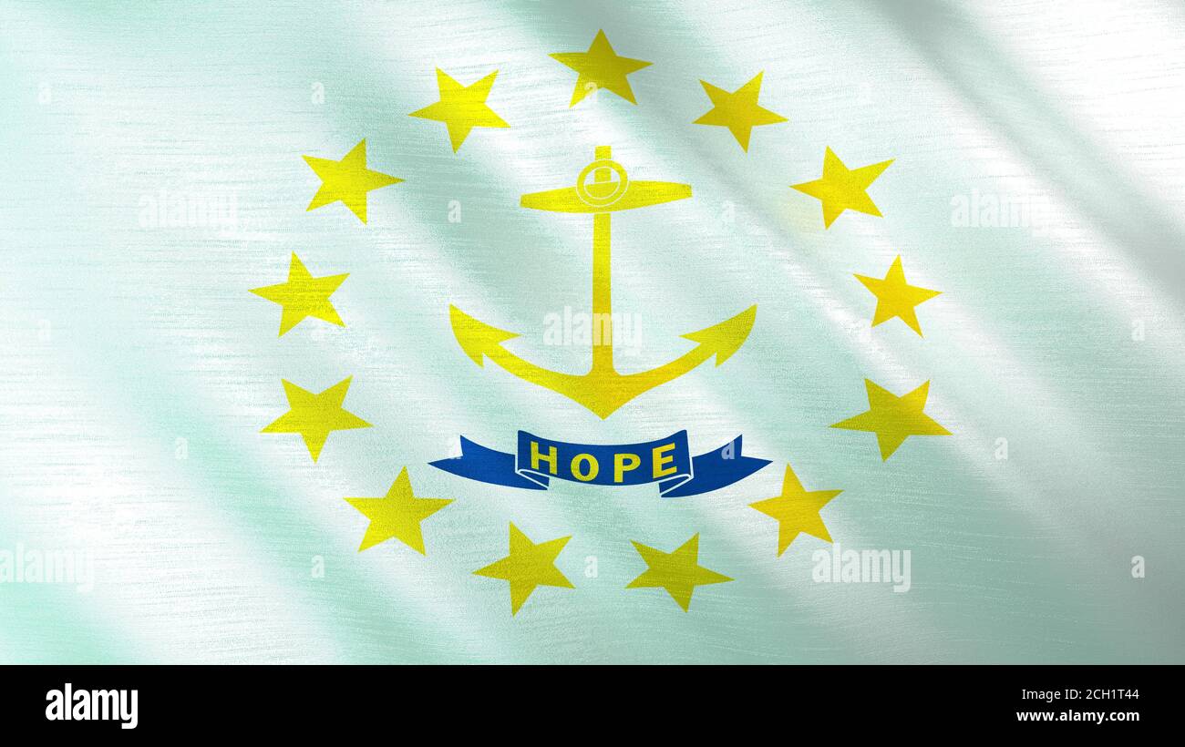 Die winkende Flagge von Rhode Island. Hochwertige 3D-Illustration. Perfekt für Nachrichten, Reportagen, Events. Stockfoto