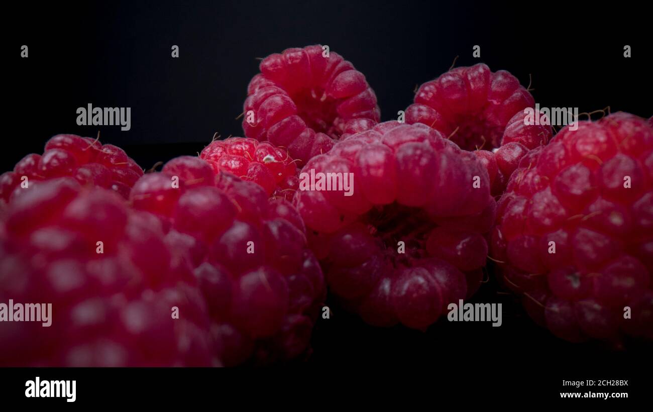 Makroansicht von Himbeeren. Frische, feste und schmackhafte Himbeere aus nächster Nähe. Rohe Bio vegane Sommer-Snacks, Waldbeeren. Stockfoto