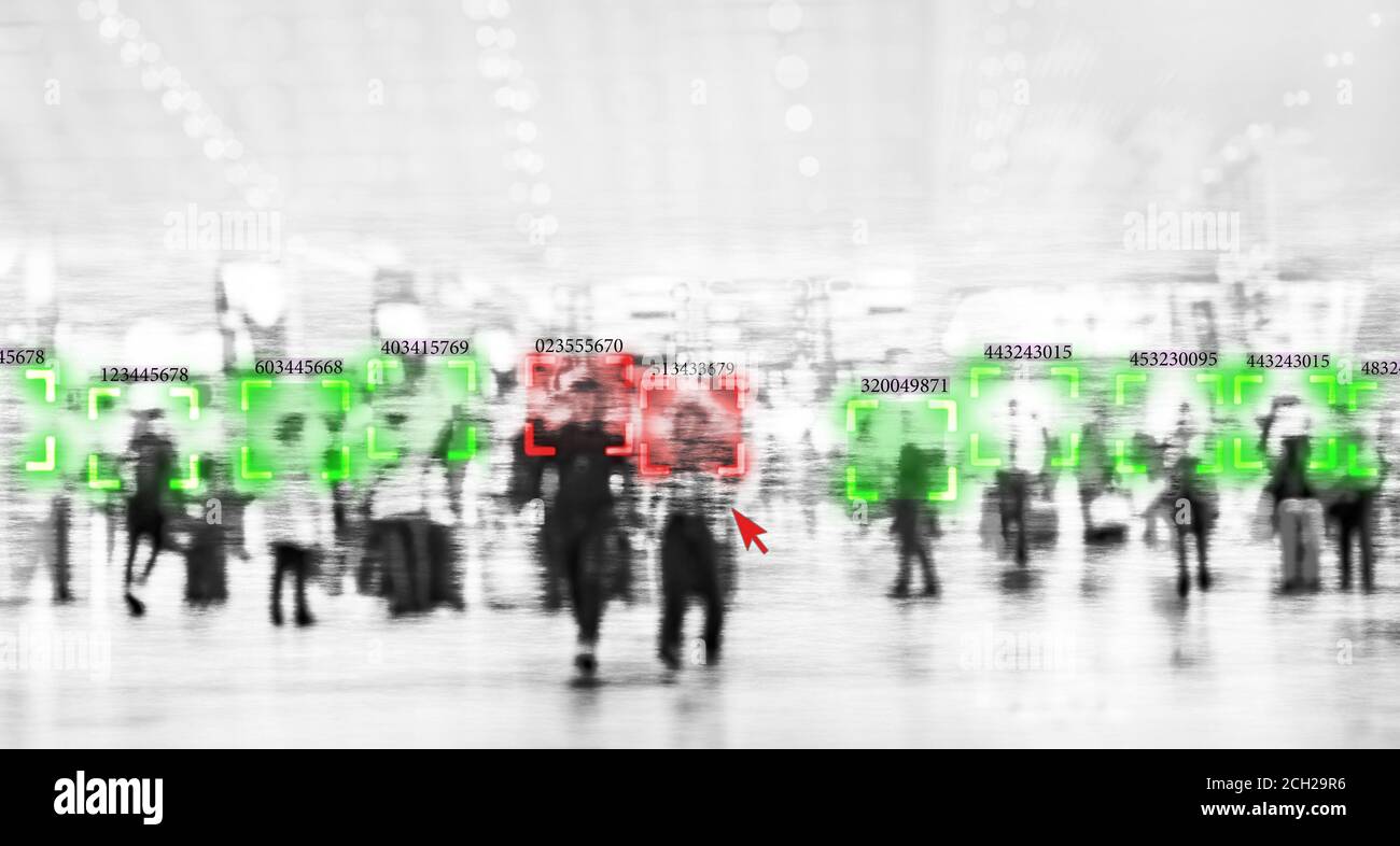 Gesichtserkennungstechnologie Konzept Abbildung: große Daten- und Sicherheit in der Stadt mit Masse Stockfoto
