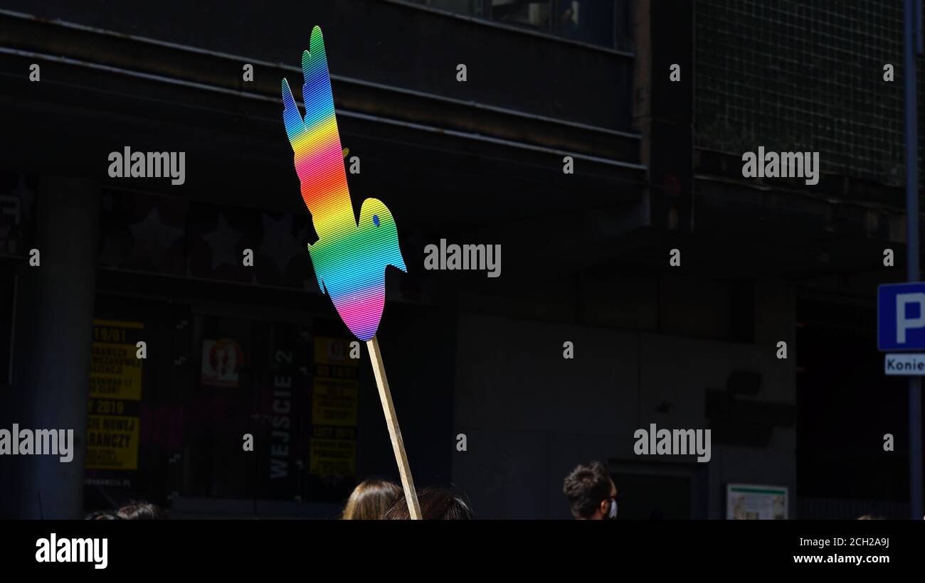 gleichstellungsmarsch der LGBT. Junge Menschen in Regenbogenkleidung und Symbolen kämpfen für LGBTQ+-Rechte. Regenbogenfahnen, Banner. Stockfoto